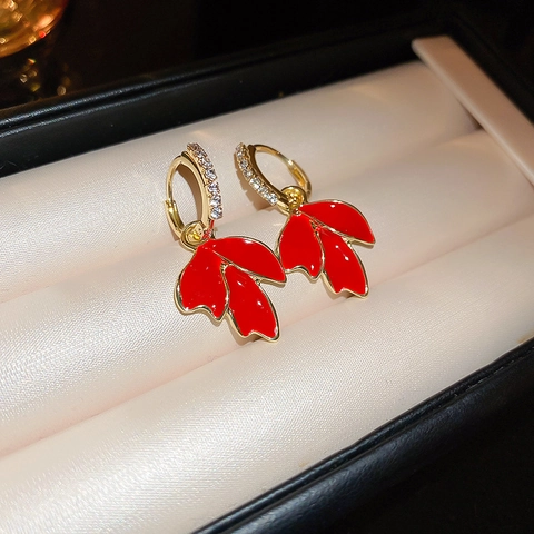 Retro Red Enamel Maple Leaf Hoop Earrings With Rhinestone And Silver Earring Post French Style Autumn Winter Jewelry