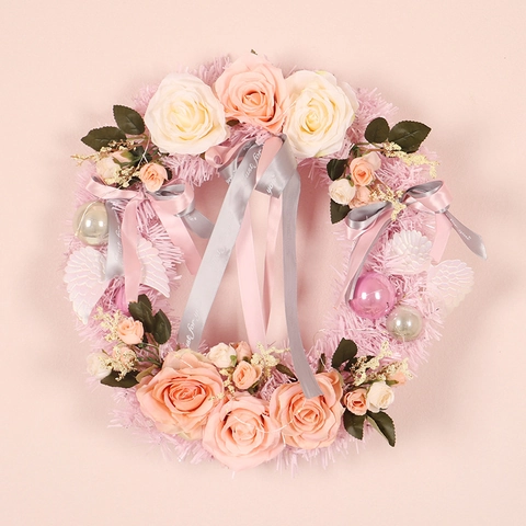 Pink Artificial Rose Flower Wreath Romantic Wedding Front Door Decoration Christmas Party PVC Ornament With Ribbons