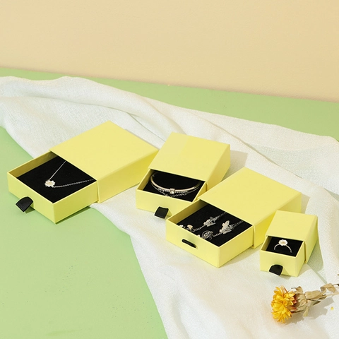 Yellow Drawer Jewelry Box Cardboard Gift Packaging With Ribbon Pull Black Velvet Lining For Rings Necklaces Earrings Storage