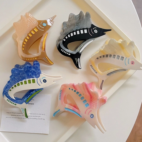 Creative Acetate Fish Shape Hair Claw Clip Marbled Marine Swordfish Marlin Design Large Hair Grip For Women Daily Styling
