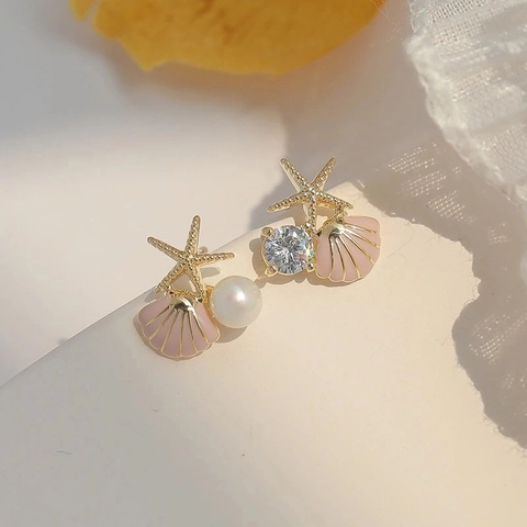 Starfish Shell Artificial Pearl Rhinestone Alloy Stud Earrings Ocean Theme Summer Beach Style Jewelry For Women
