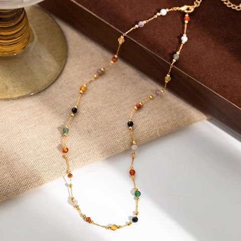Colorful Natural Stone Clavicle Necklace 18K Gold Plated Brass Thin Chain Minimalist Jewelry For Women