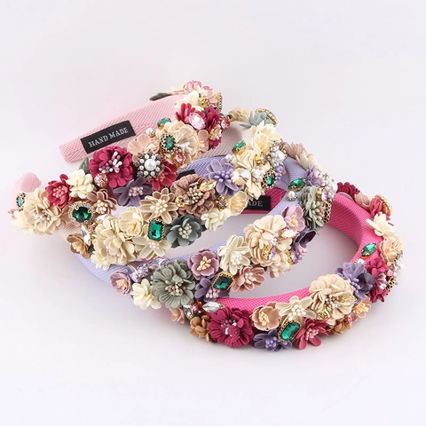 Baroque Padded Headband With 3D Fabric Flowers And Faux Artificial Pearls Rhinestone Handmade Hair Accessory For Women
