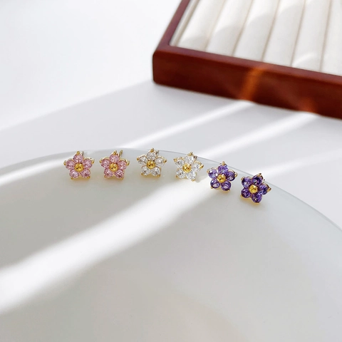 Flower Stud Earrings Stainless Steel Zircon Gold Plated Sweet Five Petal Elegant Fashion Jewelry For Women Girls