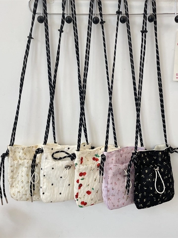 Mini Crossbody Bag Textured Polyester Floral Cherry Pattern Drawstring Pouch Casual Small Shoulder Mobile Phone Bag For Women