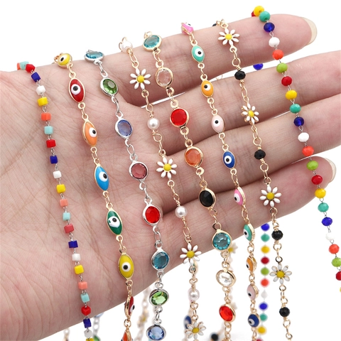 DIY Jewelry Making Copper Chain With Evil Eye Enamel Daisy And Crystal Glass Beads For Handmade Bracelet Accessories