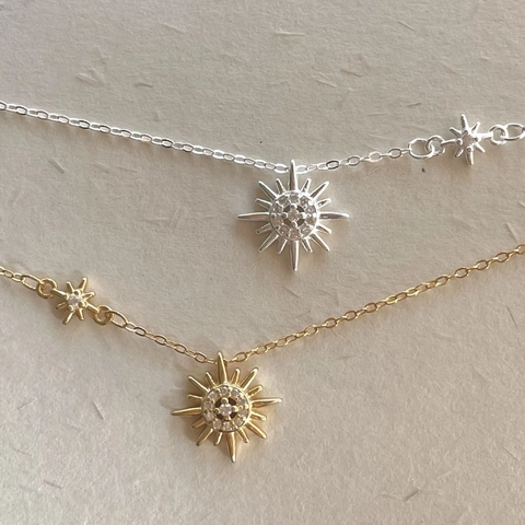 925 Sterling Silver Sunburst Star Pendant Necklace With Zircon Minimalist Korean Style For Women