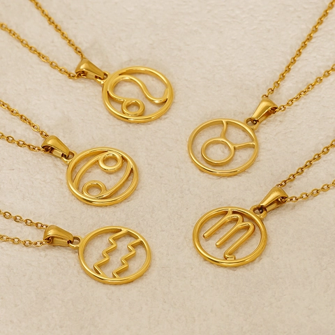 Zodiac Pendant Necklace 18K Gold Plated Stainless Steel Hollow Circular Constellation Charm Jewelry For Women Men