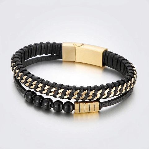 Pulsera Hombre Cuero Trenzado Multicapa Acero Inoxidable Cierre Magnético Punk Cuentas Joyería Regalo