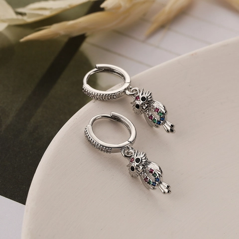Cute Owl Drop Earrings Gold Plated Copper Colorful Cubic Zirconia Dainty Animal Small Hoop Jewelry Women