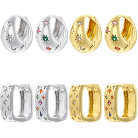 Orecchini A Cerchio Huggie Stella Goccia Rettangolare Rame Zircone Colorato Retro Con Perno In Argento