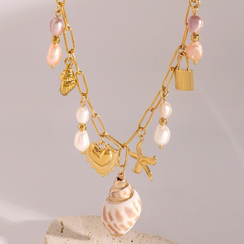 Ocean Charm Necklace Stainless Steel Gold Plated Shell Starfish Heart Lock Artificial Baroque Pearl Waterproof Jewelry For Women