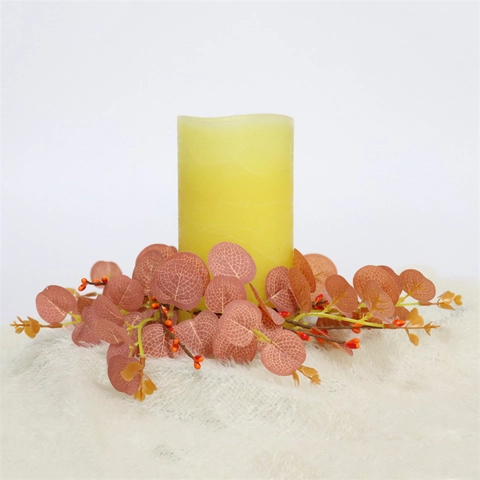 Artificial Eucalyptus Candle Ring Wreath Satin Leaves Orange Berries Mini Autumn Harvest Thanksgiving Halloween Table Decor