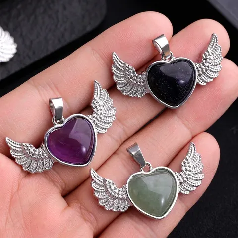 Angel Wings Heart Anhänger Halskette Naturstein Amethyst Rosenquarz Legierung Romantischer Modeschmuck Für Frauen