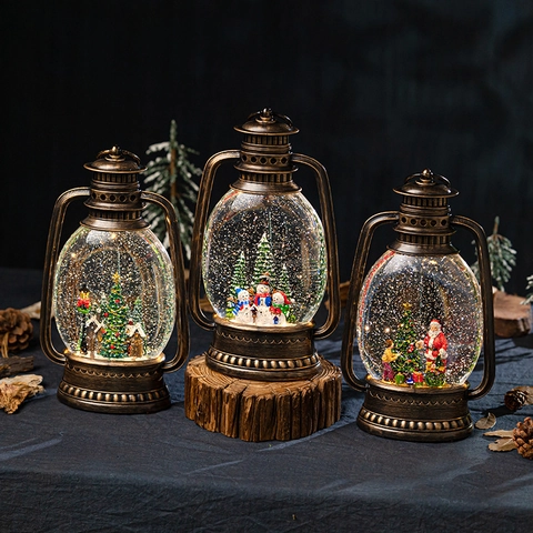 Retro Christmas Snow Globe Lantern Musical LED Water Swirling Lamp Holiday Home Decor Santa Snowman Tree Bronze Plastic