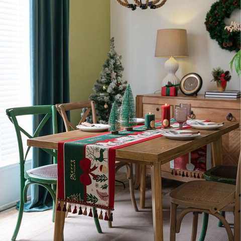 Christmas Table Runner Jacquard Cotton Linen Reindeer Santa Claus Pattern With Tassels Festive Holiday Dining Decor