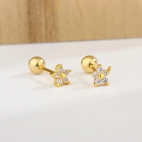 Dainty Flower Stud Earrings Copper Cubic Zirconia Screw Ball Back Minimalist Sweet Jewelry For Women