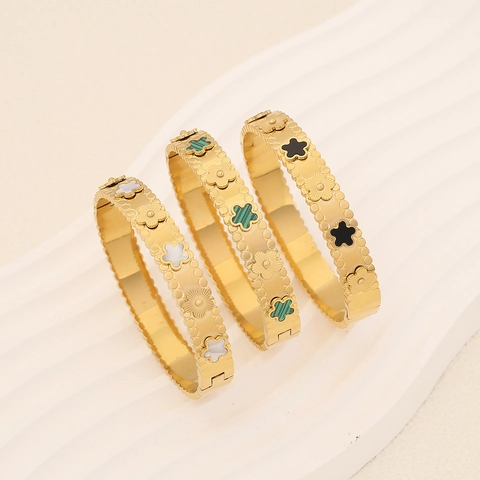 Damen Armreif Edelstahl Vergoldet Vintage Kleeblatt Blume Inlay Eleganter Trendiger Schmuck