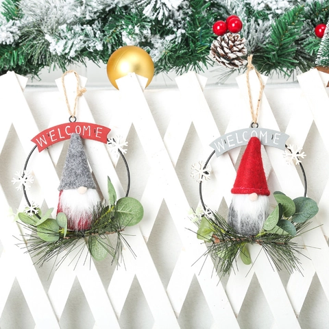 Christmas Rudolf Iron Wreath Gnome Doll Hanging Ornament Welcome Sign Door Wall Decor For Xmas Tree Party Home Decoration