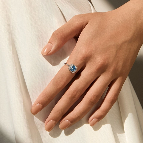 Halo Ring 925 Sterlingsilber Rund Blauer Moissanit Vintage Elegant Hochzeit Verlobung Schmuck Für Damen