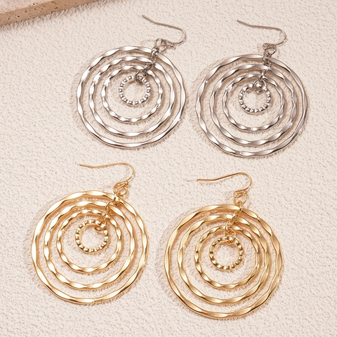 Multi Layer Circular Geometric Drop Earrings With Hammered Texture Metal Hollow Round Ear Hooks For Women Fashion