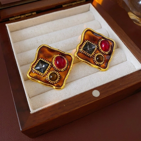 Vintage Square Geometric Earrings Alloy Rhinestone Resin With Silver Earring Post Baroque Luxury Jewelry For Women