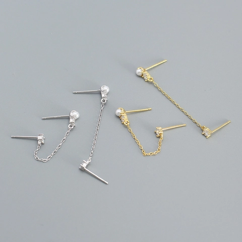 Orecchini A Catena A Doppio Foro Stile Francese Con Perla Artificial Finta Zircone E Perno In Argento Sterling 925