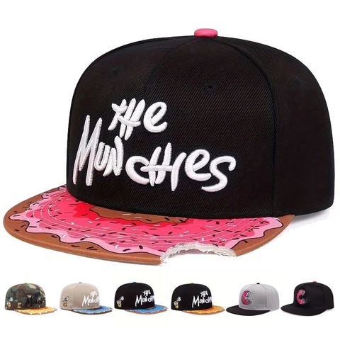 The Munchies Embroidered Snapback Hat Cotton Donut Pizza Pattern Flat Brim Hip Hop Cap Adjustable For Men Women
