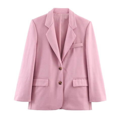 Dames Oversized Roze Wollen Blazer Jas Reverskraag Single Breasted Lange Mouwen Casual Kantoor Pak Bovenkleding