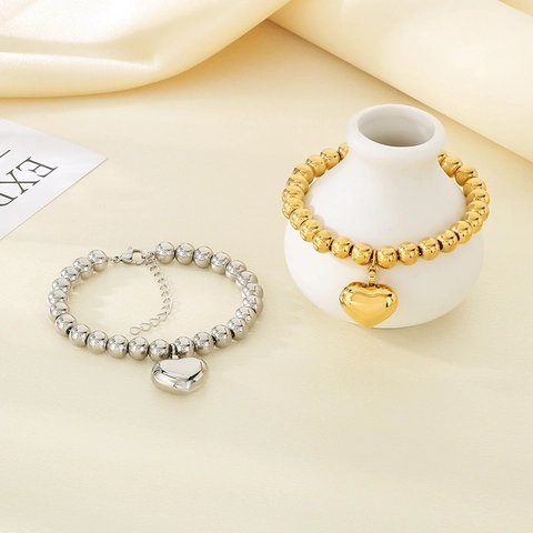 Pulsera Cuentas Acero Inoxidable Colgante Corazón Bañado En Oro 18K Cadena Extensible Ajustable Joyería Mujer