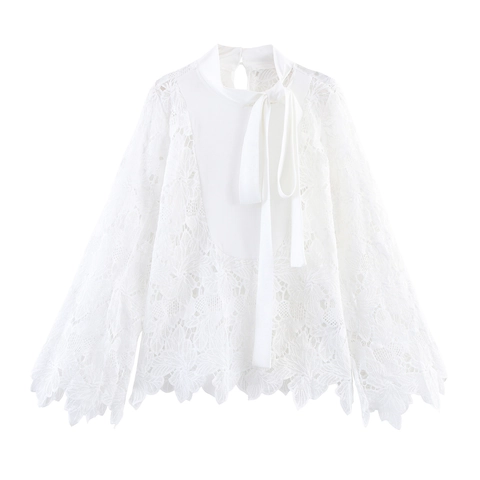 Women Elegant Lace Blouse Long Sleeve Bow Tie Neck Floral Hollow Out See Through White Top