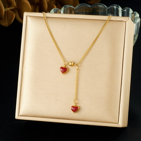 Collar Con Colgante De Corazón Acero Inoxidable Esmalte Rojo Lariat En Forma De Y Joyería Minimalista Para Mujeres