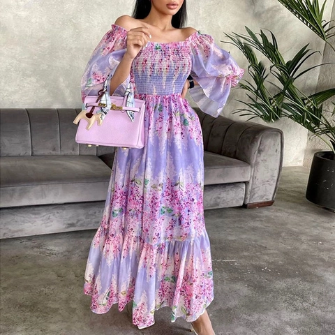 Floral Maxi Dress Off The Shoulder Smocked Long Sleeve Ruffle Hem Polyester Violet Elegant Bohemian For Women