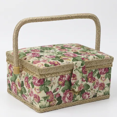 Pastoral Floral Fabric Sewing Basket With Braided Handle Portable Vintage Needlework Craft Tools Storage Organizer Box