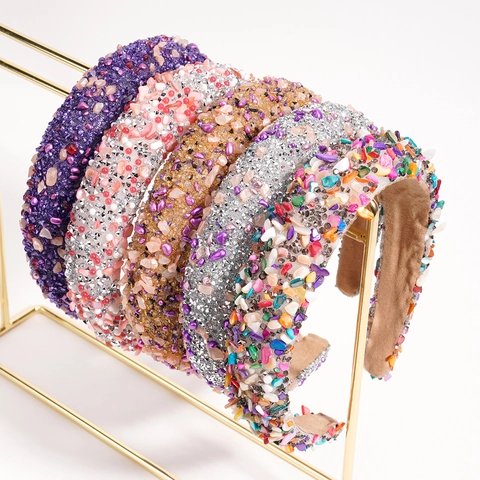 Baroque Padded Headband Colorful Artificial Crystal Crushed Stone Beaded Handmade Sparkling Hair Accessory For Women