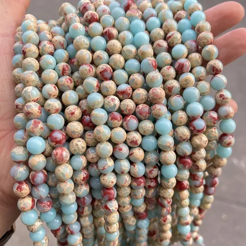 Imperial Jasper Round Beads Sea Sediment Semi Precious Stone Marble Pattern For DIY Jewelry Making Accessories
