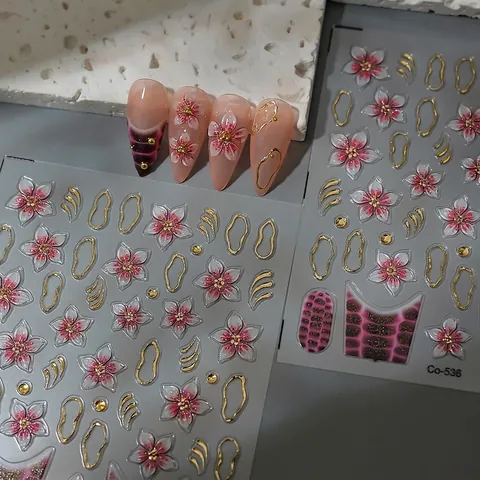 Adesivi Unghie Rilievo 5D Fiori Ciliegio Linea Foglia Oro Motivo Coccodrillo Impermeabile Decorazione Manicure
