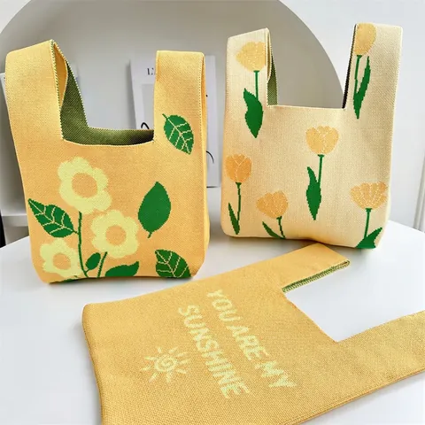 Gestrickte Handtasche Polyester Blumen Sonnenblume Tulpenmuster Knot Handgelenktasche Lässig Tragbar Leicht Für Frauen