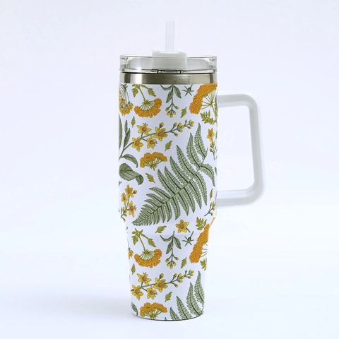 Insulated Tumbler Stainless Steel Travel Mug With Handle Lid And Straw Vintage Floral Pattern Portable Outdoor Car Cup