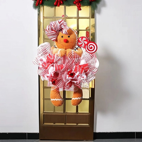 Ghirlanda Di Natale Omino Di Pan Di Zenzero Decorazione Per Porta Tessuto Rete Nastri Design Bastoncino Di Zucchero