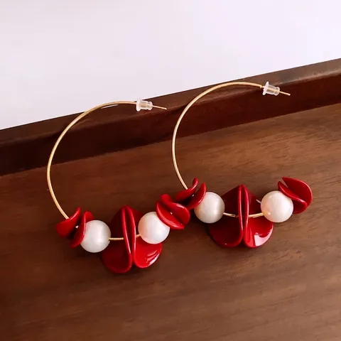 Fashion Hoop Drop Earrings With Red Resin Petal Beads Imitation Artificial Pearl And 925 Sterling Silver Earring Post