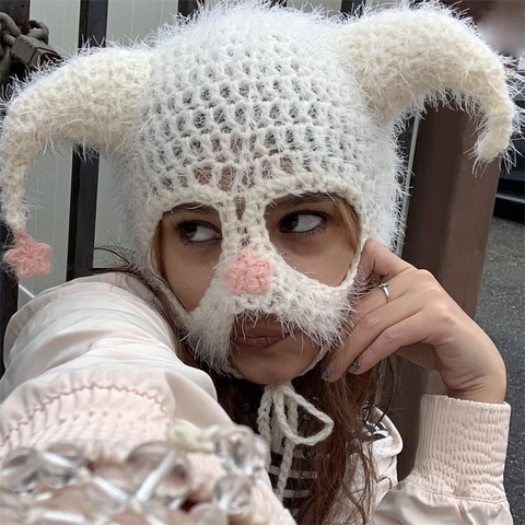 Handmade Crochet Knitted Balaclava Hat Devil Horn Star Decor Warm Windproof Funny Winter Beanie Adult Accessory