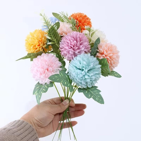 Artificial Chrysanthemum Satin Plastic Single Head With Leaves Long Stem Home Wedding Decor Photography Props Nordic Style