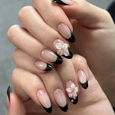 Press On Nails French Black Tips 3D White Flower Almond Shape Glossy Elegant Fake Nails Manicure For Women