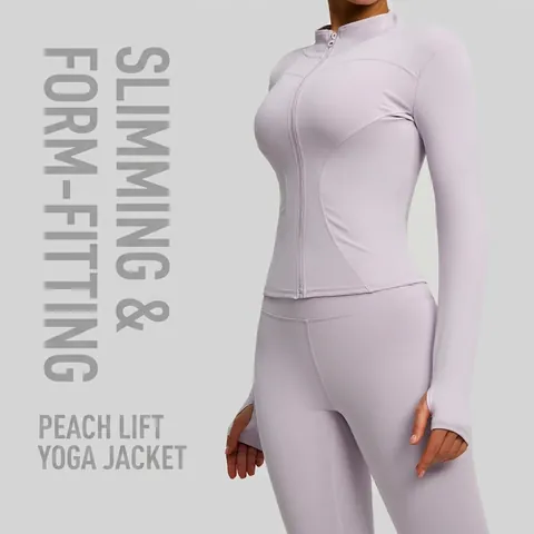 Women Slim Fit Yoga Jacket Stand Collar Full Zip Long Sleeve Workout Top With Thumb Holes Polyester Elastane