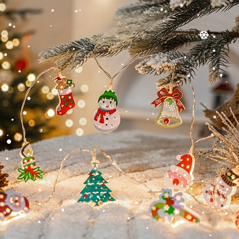 LED String Lights Christmas Decoration Plastic Iron Santa Claus Snowman Bell Stocking Warm Glow Festive Hanging Ornaments