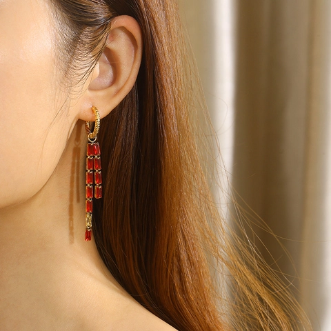 Luxus Titanstahl Lange Quasten Ohrringe mit Rechteck Zirkonia für Damen 18K Vergoldet Fringe Hängeohrringe Schmuck