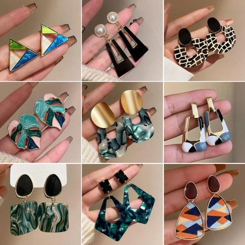 Orecchini Pendenti Geometrici Lega Resina Trama Marmo Con Silver Earring Post Gioielli Di Moda Retrò Per Donne