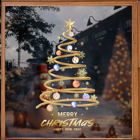 Christmas Window Clings Golden Spiral Tree Static PVC Sticker Double Sided Holiday Snowflake For Mall Store Glass