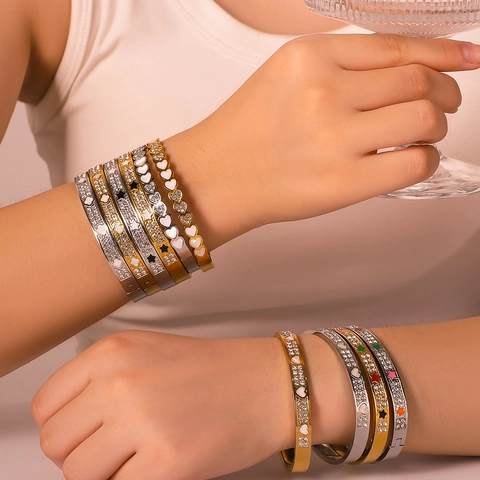 Brazalete De Bisagra De Acero Inoxidable Corazón Estrella Trébol Diamantes De Imitación Joyería De Moda Regalo Mujer